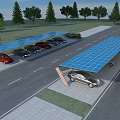 Solar Panel Canopy Covered Parking Lot With Parked Cars Trees And Road