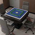 Modern Entertainment Table With Mahjong Tiles On Blue Surface And Four Gray Chairs