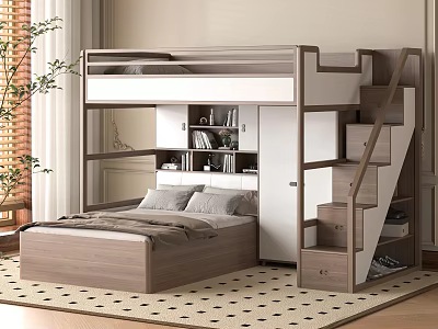 Modern Wooden Bunk Bed With Staircase Storage And Bookshelf In Room Design 3d model