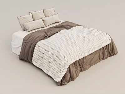 Modern Double Bed With Knitted White Brown Quilt And Beige Pillows 3d model