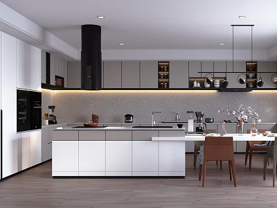Modern Kitchen Interior With White Gray Cabinets Island Counter Appliances Hanging Lights And Wooden Flooring 3d model
