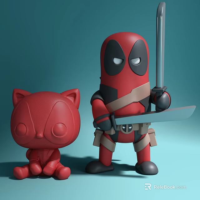 Red Cat Doll and Deadpool Inspired Toy Holding Sword with Strap Design 3d model