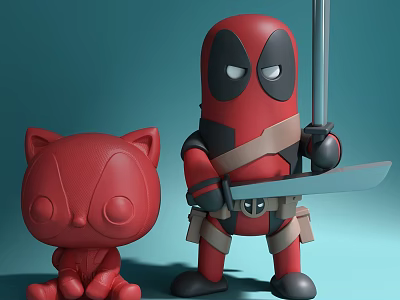 Red Cat Doll and Deadpool Inspired Toy Holding Sword with Strap Design 3d model