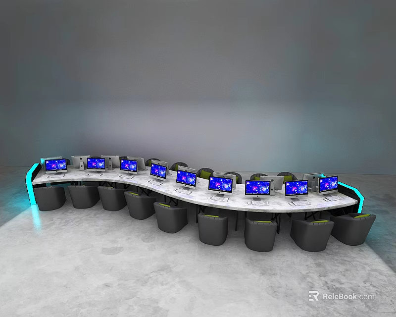 Modern Curved Control Console Featuring Multiple Computer Monitors Black Chairs And Blue Lighting 3d model