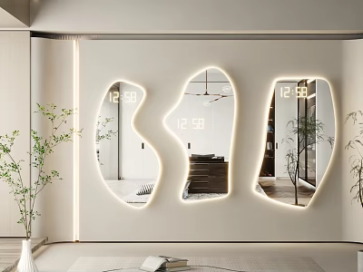 Modern Irregular Shaped Mirrors With Illuminated Frames And Digital Time Display Reflecting Room Interior 3d model