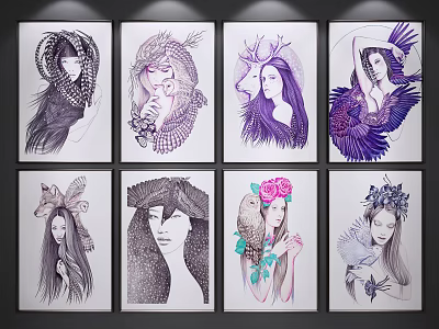 Portrait Paintings Decorative Framed Artworks With Headdresses Feathers Flowers And Animal Elements 3d model