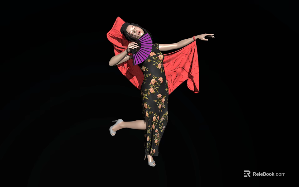 Elegant Floral Cheongsam Outfit with Red Cape Purple Fan and High Heels 3d model 