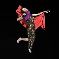 Elegant Floral Cheongsam Outfit with Red Cape Purple Fan and High Heels