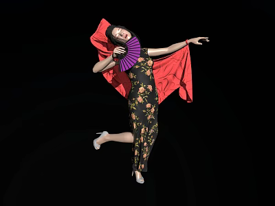 Elegant Floral Cheongsam Outfit with Red Cape Purple Fan and High Heels 3d model