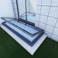 Detached Villa With Gray Wall Large Glass Window Open Skylight And Lawn