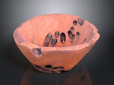 Carved Ceramic Bowl Sculpture With Reddish Brown Surface And Multiple Holes Design 3d model