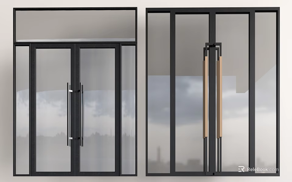 Modern Double Doors Design With Glass Panels Black Frame And Wooden Handles 3d model 