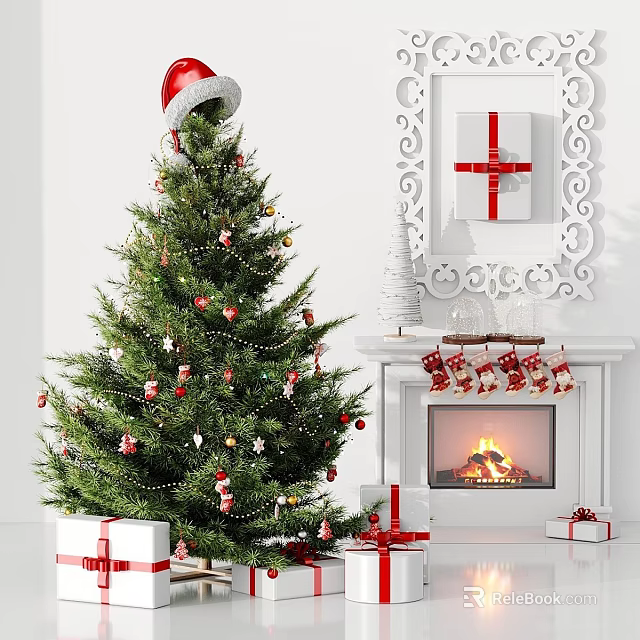 Christmas Home Living Essentials with Decorated Tree Santa Hat Gift Boxes and Stockings 3d model 