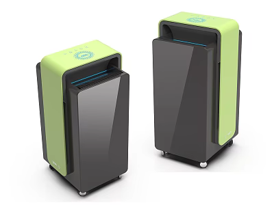 Light Green And Black Daily Use Air Purifiers With Transparent Front Panel And Wheels 3d model