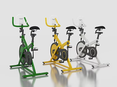 Interactive Zone Featuring Three Stationary Bikes In Green Yellow White Colors 3d model