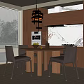Modern Wooden Dining Table Set With Black Chairs Hanging Lamp And Fruit Bowl In Kitchen