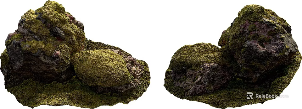 Natural Stone And Wood Elements With Mossy Surfaces And Textures 3d model