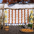 Rural Landscape With Hanging Corn Persimmon Strings Wooden Frame White Wall And Stone Path