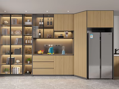 Modern Kitchen Interior Featuring Built in Wine Cabinet Wooden Cabinets Lighting And Refrigerator 3d model