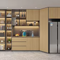 Modern Kitchen Interior Featuring Built in Wine Cabinet Wooden Cabinets Lighting And Refrigerator