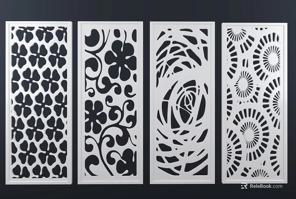 Modern Decorative Room Divider Panels With Intricate Laser Cut Floral Patterns 3d model 