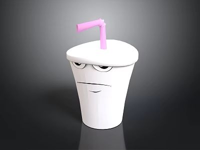 White Cup With Cartoon Face Design And Pink Straw On Black Background 3d model