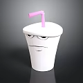 White Cup With Cartoon Face Design And Pink Straw On Black Background