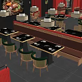 Stylish Hotpot Restaurant Interior With Wooden Dining Tables Green Chairs And Pendant Lights