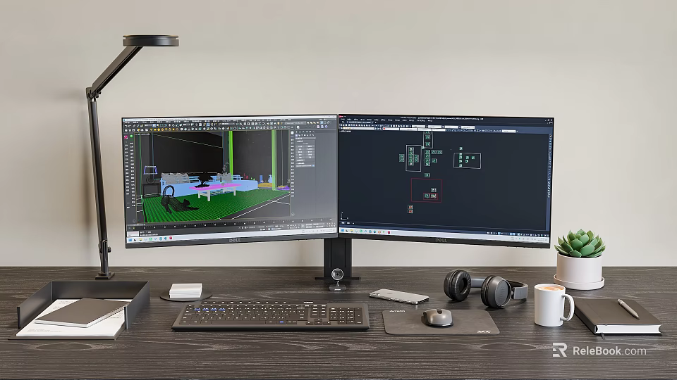 Dual Monitor Computer Workstation Showing 3D Modeling Software Design Drawings With Desk Lamp Keyboard Mouse 3d model 