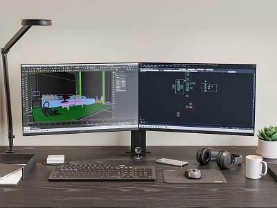 Dual Monitor Computer Workstation Showing 3D Modeling Software Design Drawings With Desk Lamp Keyboard Mouse 3d model