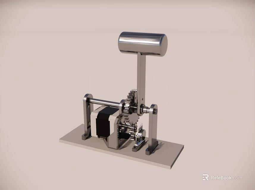 Silver Mechanical Device With Cylindrical Top Metal Stand And Gears On Base 3d model 