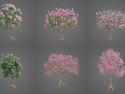 Different Types of Flowering Trees with Pink Blossoms and Varied Foliage 3d model