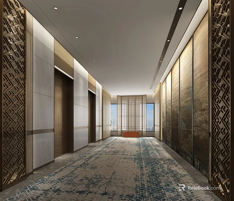 Luxurious Modern Elevator Hallway With Decorative Walls Geometric Patterns And Carpeted Floor 3d model
