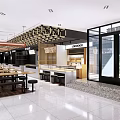 Modern Restaurant Interior With Wooden Long Tables Black Stools And Grid Ceiling