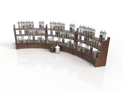 Curved Wooden Display Rack With Electronic Products Bottled Items And Central White Barrel 3d model