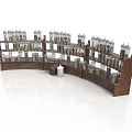 Curved Wooden Display Rack With Electronic Products Bottled Items And Central White Barrel
