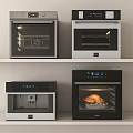 Four Kitchen Appliances On Shelves With Transparent Doors And Roasted Chicken Inside