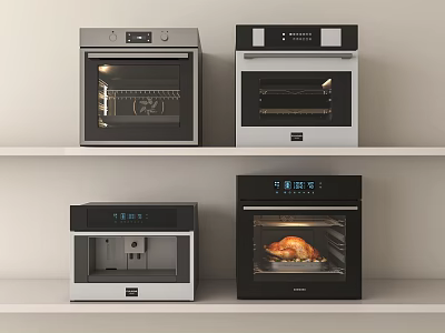 Four Kitchen Appliances On Shelves With Transparent Doors And Roasted Chicken Inside 3d model
