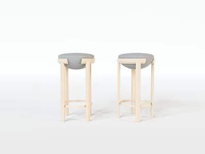 Two Wooden High Stools With Gray Cushions On White Background Setting 3d model