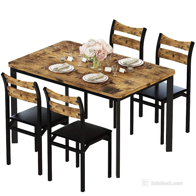 Wooden Rectangular Dining Table Set With Four Chairs Pink White Flower Vase Plates And Goblets 3d model 