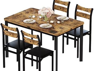 Wooden Rectangular Dining Table Set With Four Chairs Pink White Flower Vase Plates And Goblets 3d model