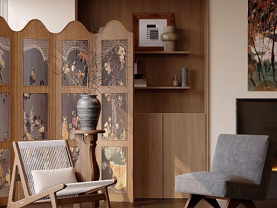 Traditional Carved Wooden Screen With Decorative Patterns And Accent Chair 3d model