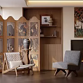 Traditional Carved Wooden Screen With Decorative Patterns And Accent Chair