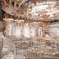 Elegant Ballroom Interior With Golden Chandeliers Wavy Walls Stage White Chairs And Floral Decor