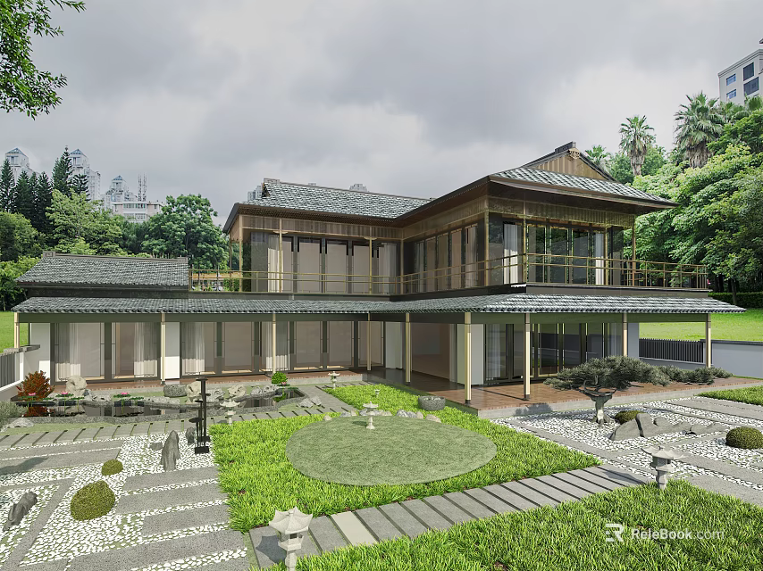 Traditional Chinese Detached Villa With Courtyard Lawn Stone Pathway And Tile Roof 3d model 