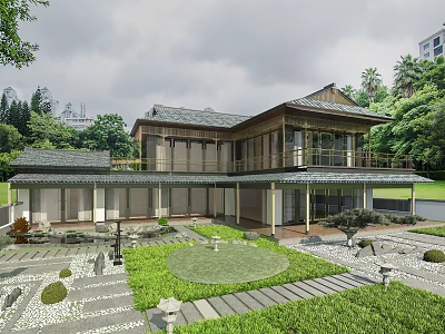 Traditional Chinese Detached Villa With Courtyard Lawn Stone Pathway And Tile Roof 3d model