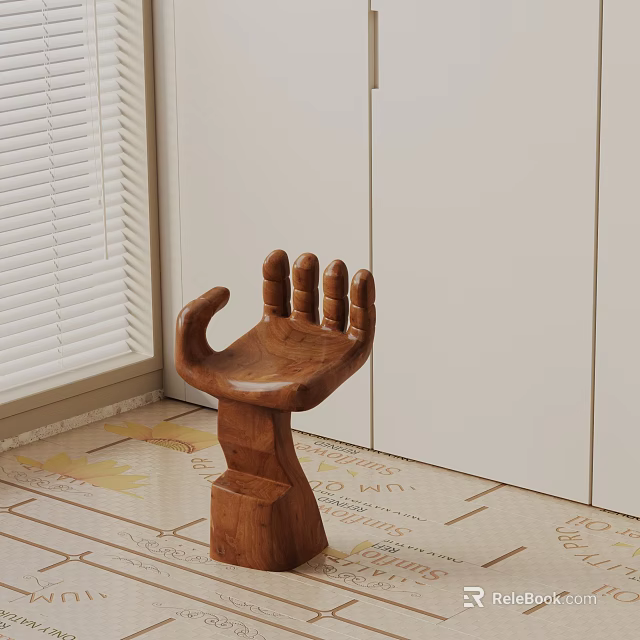 Wooden Hand Shaped Side Table In Room Corner With White Cabinet Window Blind Patterned Carpet 3d model 