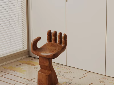 Wooden Hand Shaped Side Table In Room Corner With White Cabinet Window Blind Patterned Carpet 3d model