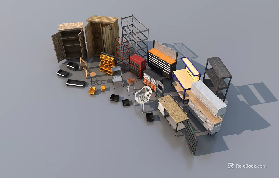 Essential Public Facilities Featuring Bookshelves Cabinets Tables Chairs And Shelving Units 3d model