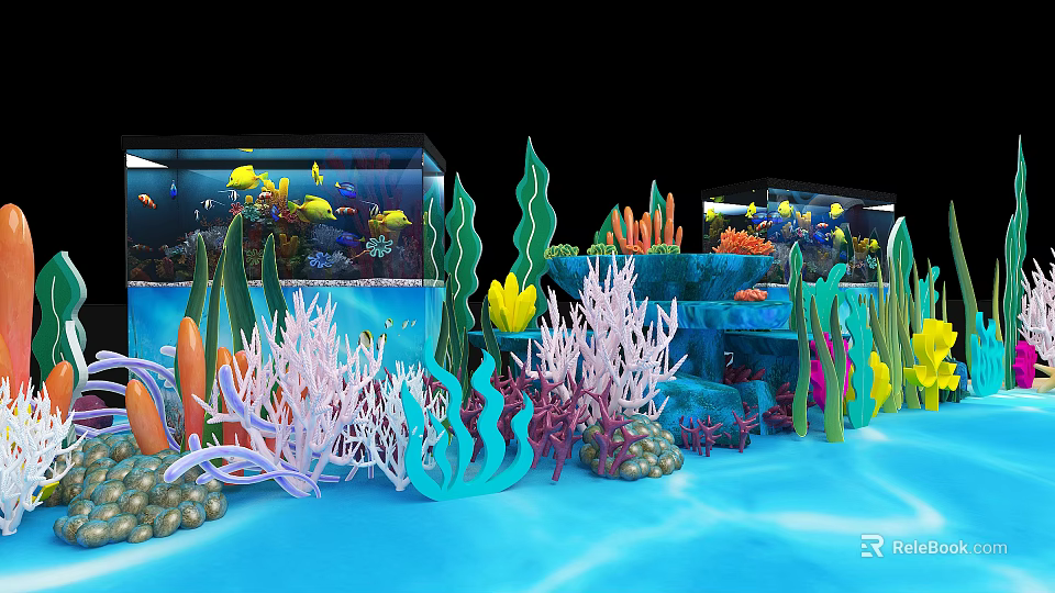 Vibrant Underwater Aquarium Scene With Colorful Corals Seaweed And Tropical Fish 3d model 